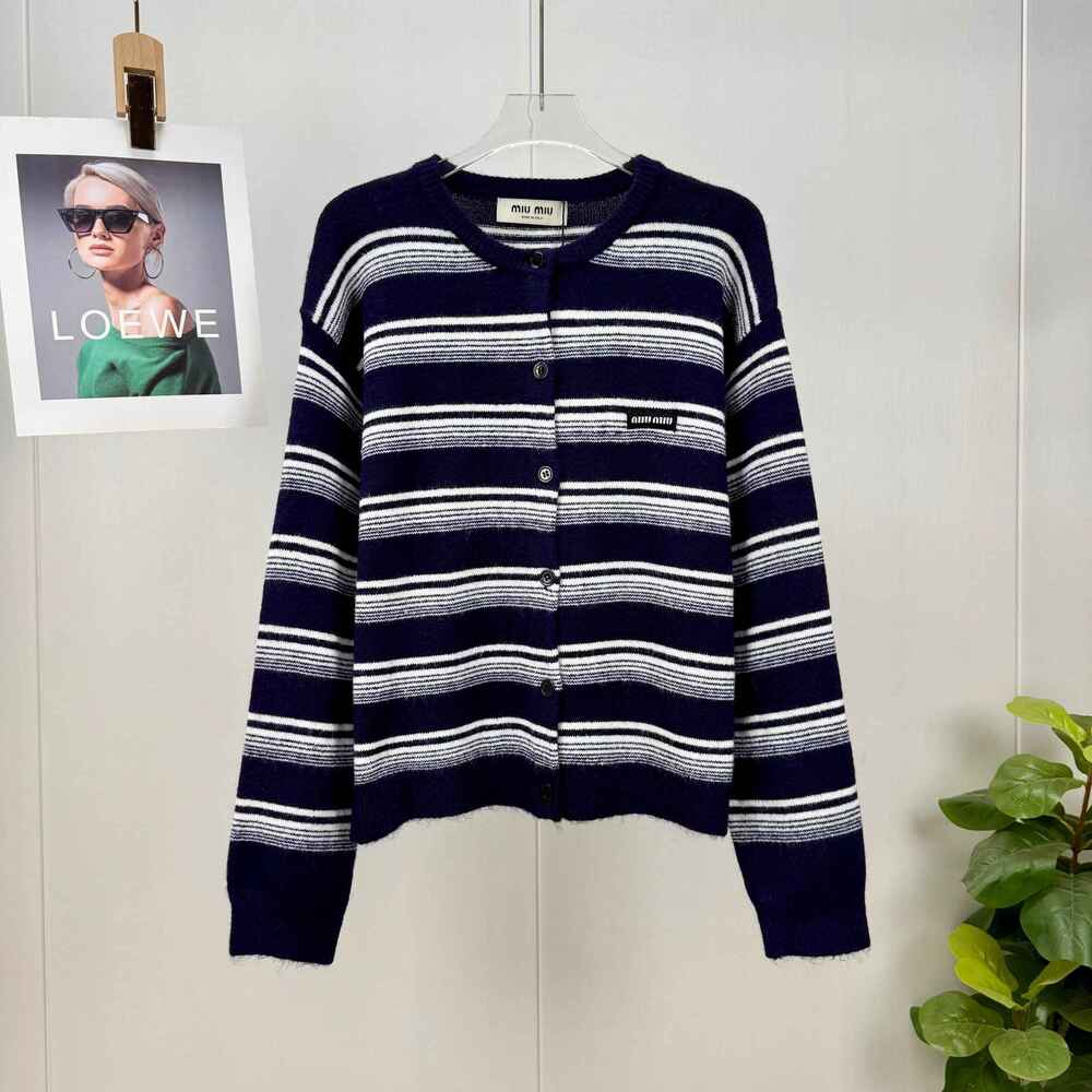 Miu Miu Navy & White Striped Knit Cardigan